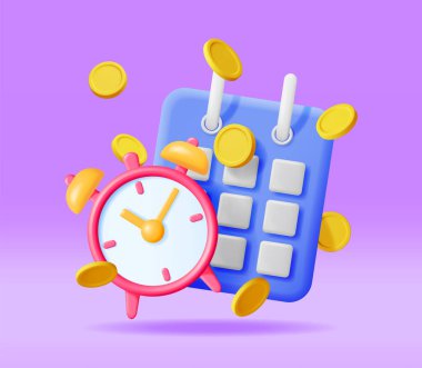 3 boyutlu saat, takvim ve altın paralar izole edildi. Hazırlama zamanı para kavramıdır. Yıllık Gelir, Mali Yatırım, Tasarruf, Banka Mevduat, Gelecek Gelir, İş Para Yardımı. Vektör İllüstrasyonu