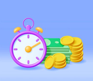 Üç boyutlu banknotlu saat ve bozuk paralar izole edildi. Render Time: Para Konsepti Yıllık Gelir, Finansal Yatırım, Tasarruf, Banka Mevduatı, Gelecek Gelir, Para Yardımı. Vektör İllüstrasyonu