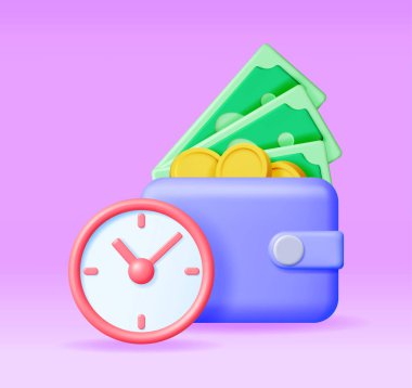 Cüzdanında dolar ve altın sikkeler bulunan 3 boyutlu saat izole edilmiş. Render Time: Para Konsepti Yıllık Gelir, Finansal Yatırım, Tasarruf, Banka Mevduatı, Gelecek Gelir, Para Yardımı. Vektör İllüstrasyonu