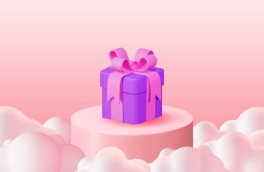 Tüylü Bulutlarda Hediye Kutusu olan 3D Pembe Podyum. Bulutlu Sahne 'de Giftbox' la podyumu canlandırın. Pembe Gökteki Pembe Bulutlu Platform. Ürün Ekran Sunumu Reklamları. Vektör İllüstrasyonu