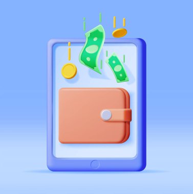 3 Boyutlu Tablet Bilgisayar ve Para İzole Edilmiş Cüzdan. Çevrimiçi Gelir kavramı. İnternetten kazanç. Render Elektronik Cüzdan. Çevrimiçi bankacılık. Bağımsız çalışma. Büyüme, gelir başarısı. Vektör illüstrasyonu