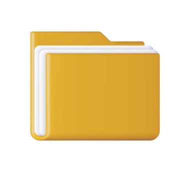 Beyaz üzerine izole edilmiş kağıtlarla dolu 3D İş Dosyası. Yazışmalar için Sarı Dizini Yapılandır, Kağıt Belgeler için Dosya. Dizin Simgesi Aç, Manila Arşiv Dosyası veya Halka Dosyası. Vektör İllüstrasyonu