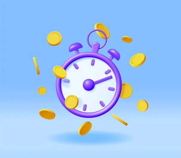 3D时钟与美元黄金硬币分离 时间是货币概念的年收入 金融投资 银行存款 未来收入 货币福利 病媒图解 — 图库矢量图片