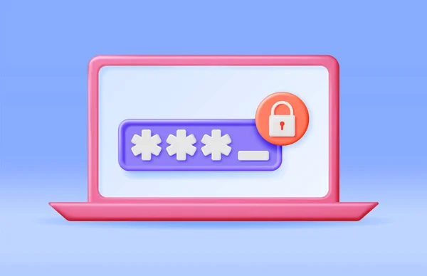 Laptop Shield Lock Password Screen Render Notebook Padlock Concept Computer — Stock Vector