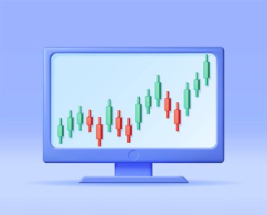 3D Growth Stock Diagram on Computer. Render Stock Candle on Monitor Shows Growth or Success. Financial Item, Business Investment, Financial Market Trade. Money and Banking. Vector Illustration