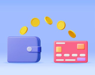 3D Bank Plastic Card to Wallet Money Transfer. Render Money Exchange Concept. Internet Banking, Contactless or Wireless Payment and Exchange, Financial Transactions Online. Vector Illustration