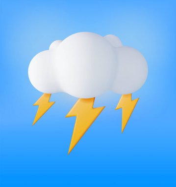 3D Cloud with Lightning Icon Isolated. Render Weather Icon. Thunderstorm in Fluffy Cloud. Realistic Weather Symbol. Vector Illustration