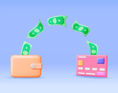 3D Bank Plastic Card to Wallet Money Transfer. Render Money Exchange Concept. Internet Banking, Contactless or Wireless Payment and Exchange, Financial Transactions Online. Vector Illustration
