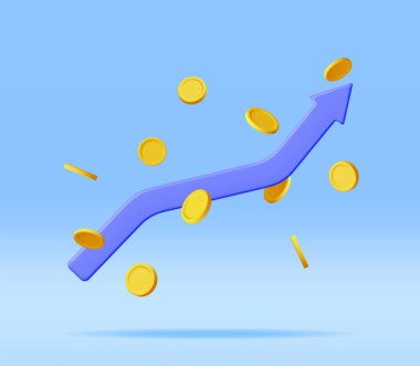 3D Growth Stock Chart Arrow with Golden Coins. Render Stock Arrow with Money Shows Growth or Success. Financial Item, Business Investment Financial Market Trade. Money and Banking. Vector Illustration