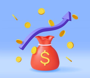 3D Money Cloth Bag with Coins and Arrow Isolated. Render Realistic Coin Sack with Cloth Belt. Money Bag. Business and Finance, Financial Solution, Money Payments Concept. Vector Illustration