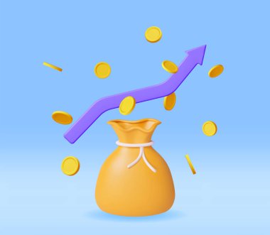 3D Money Cloth Bag with Coins and Arrow Isolated. Render Realistic Coin Sack with Cloth Belt. Money Bag. Business and Finance, Financial Solution, Money Payments Concept. Vector Illustration