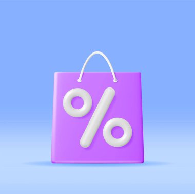 3D Shopping Bag with Percent Sign Isolated. Render Realistic Gift Bag. Sale, Discount or Clearance Concept. Online or Retail Shopping Symbol. Fashion Handbag. Vector Illustration