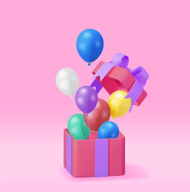 3D Shiny Gift Box with Balloon Isolated. Render Festive Helium Color Balloons Giftbox Banner. Template for Anniversary, Birthday Party, Christmas Holiday, Valentine Day. Vector Illustration