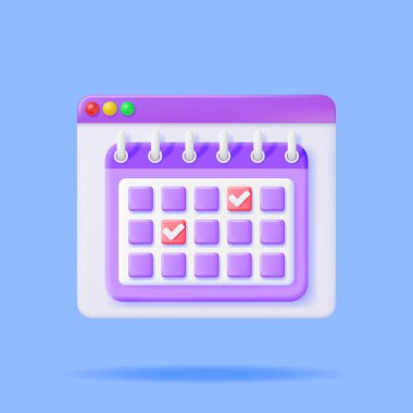 3D Paper Spiral Wall Calendar in Computer Browser Window. Render Calendar Icon. Schedule, Appointment, Organizer, Timesheet, Important Date. Time Management Concept. Minimal Vector Illustration