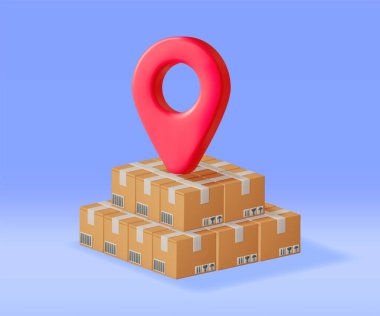 Lokasyon Pin 'li 3 boyutlu karton kutu. Kapaklı karton paketi hazırla. Kırılganlığın posta izleri. Karton Teslimat Paketi. Sunum, Hediye Ulaşım ve Lojistik. Vektör İllüstrasyonu