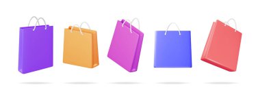 3D Shopping Bag Set Isolated on White Background. Render Collection Realistic Gift Bag. Sale, Discount or Clearance Concept. Online or Retail Shopping Symbol. Fashion Handbag. Vector Illustration