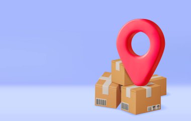 Lokasyon Pin 'li 3 boyutlu karton kutu. Kapaklı karton paketi hazırla. Kırılganlığın posta izleri. Karton Teslimat Paketi. Sunum, Hediye Ulaşım ve Lojistik. Vektör İllüstrasyonu