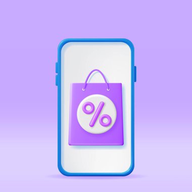 3D Smartphone with Shopping Bag Isolated. Render Realistic Gift Bag and Phone. Sale, Discount or Clearance Concept. Online or Retail Shopping Symbol. Fashion Handbag. Vector Illustration