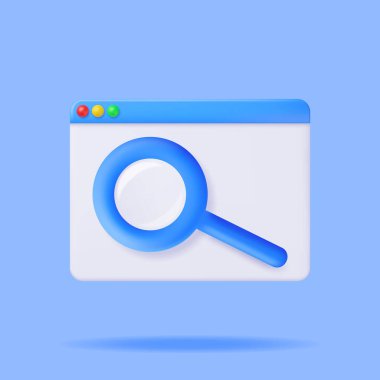 3D Browser Window and Magnifying Glass Isolated. Render Web Page GUI with Zoom Lens. Browser or Operating System Search. Web Page or Internet Searching Tools Concept. Vector Illustration