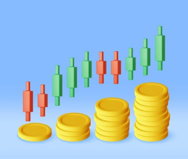 3D Growth Stock Chart Arrow with Golden Coins. Render Stock Arrow with Money Shows Growth or Success. Financial Item, Business Investment Financial Market Trade. Money and Banking. Vector Illustration