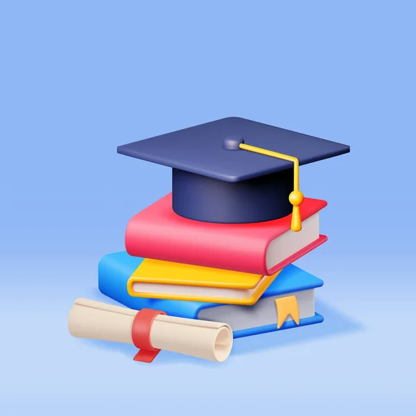 3D毕业文凭帽和书堆隔离 渲染毕业帽和教科书 教育符号 与塔索的护栏帽 学位仪式概念 病媒图解 — 图库矢量图片