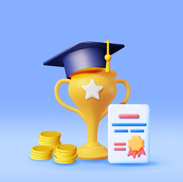 Trophy Graduation Cap Diploma Gold Coin Isolated Render Cash Money — 图库矢量图片