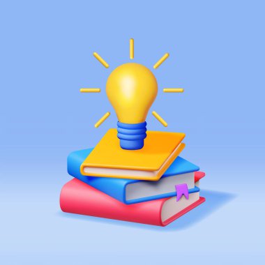 Ampullü 3D Kapalı Kitap Yığını. Kitap Yığını ve Fikir Ampulü Hazırla. Eğitim veya İş Edebiyatı seti. Okuma, Edebiyat, Ansiklopedi, Ders Kitabı. Vektör İllüstrasyonu