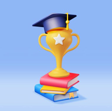 3D Altın Kupa, Kitap Yığını ve Mezuniyet Kapağı İzole Edildi. Altın Kupa ve Eğitim Şapkası. Diploma ya da akreditasyon. Gol ve Başarı. İş Mezuniyeti Konsepti. Vektör İllüstrasyonu