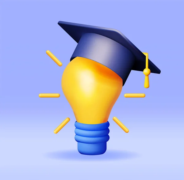 Light Idea Bulb Graduation Cap Isolated Render Cartoon Yellow Idea — Stok Vektör