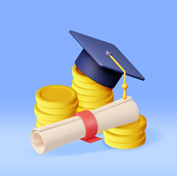 Graduation Cap Diploma Gold Coin Isolated Render Cash Money Education — Stockový vektor
