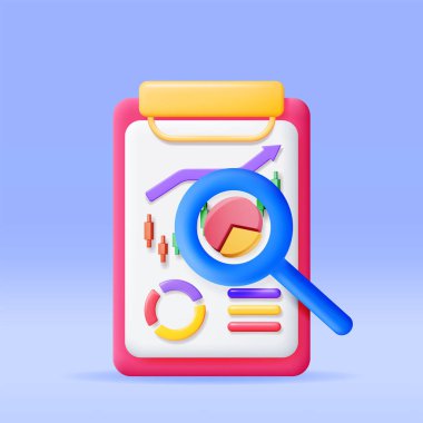 3D Pie Diagram in Clipboard with Magnifying Glass. Render Stock Pie Shows Growth or Success. Financial Data Analysis, Business Research, Financial Market Trade. Money and Banking. Vector Illustration