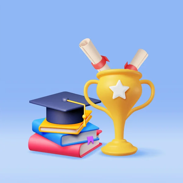 3Dゴールドトロフィー 書籍スタックと卒業キャップ分離 黄金のカップと教育の帽子をレンダリングします ディプロマまたは認定 目標と達成 卒業制作 ベクターイラスト — ストックベクタ