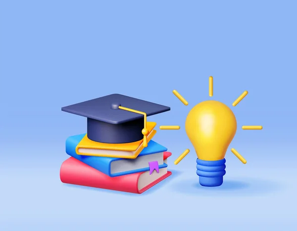 卒業キャップと本と3Dライトアイデア電球 卒業帽子で漫画の黄色のアイデア電球をレンダリングします 創造的なアイデアインスピレーション ブレインストーミング ビジネスソリューションスタートアップ ベクターイラスト — ストックベクタ