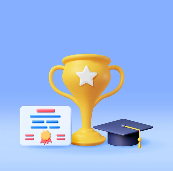 Gold Trophy Diploma Graduation Cap Isolated Render Golden Cup Education — 图库矢量图片