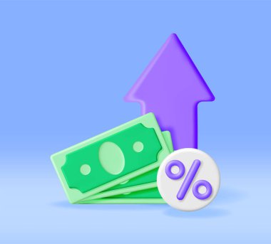 Dolarlı 3D Stok Çizelgesi Arrow. Stock Arrow 'u Para ve Yüzdelik Sembolü ile Hazırla. Finansal Öge, İş Yatırım Finansal Piyasa Ticareti. Para ve bankacılık. Vektör İllüstrasyonu