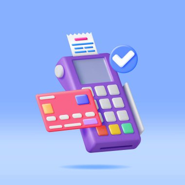 Kart ve makbuzlu 3D Ödeme Terminali tecrit edildi. Modern POS Banka Ödeme Aygıtını Yapılandır. Ödeme NFC Klavye Makinesi. Kredi Kartı Okuyucu. Temassız Ödeme Aktarım Vektörü illüstrasyonu