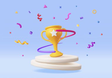 3D Golden Champion Trophy with Confetti on Podium. Render Gold Cup Trophy Icon. Gold Trophy for Competitions. Award Victory, Goal Champion Achievement, Prize Sports Award, Success. Vector Illustration clipart