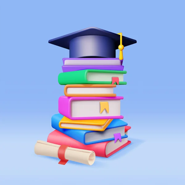 Graduation Cap Diploma Pile Books Isolated Render Graduation Hat Textbook — стоковый вектор