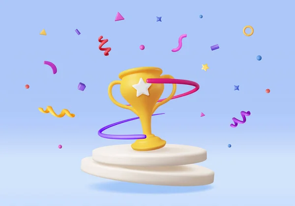 Trophée Champion Avec Confetti Sur Podium Rendre Gold Cup Trophy — Image vectorielle
