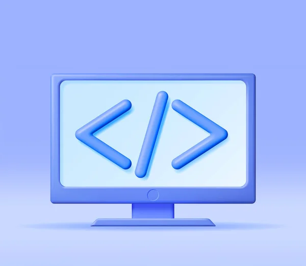 コンピュータ上の3Dコードアイコンを非表示にします MonitorデバイスでPythonまたはJava Apiシンボルをレンダリングします プログラミング言語 Web開発Htmlコードインターフェイス コードラウンドタグ ベクターイラスト — ストックベクタ