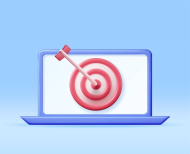 3D Hedef ve Arrow Bilgisayar Ekranında. Dartboard 'u Arrow ve Laptop ile yapılandırın. Gol Ayarlama. Akıllı Gol. İş ya da Mali Hedef Konsepti. Başarı ve Başarı. Vektör İllüstrasyonu