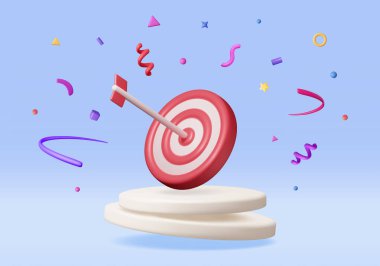 3 Boyutlu Hedef ve Ok, Podyum Simgesi Merkezi 'nde tecrit edildi. Arrow ve Confetti ile Dartboard 'u hazırla. Gol Ayarlama. Akıllı Gol. İş ya da Finans Hedefi. Başarı ve Başarı. Vektör İllüstrasyonu