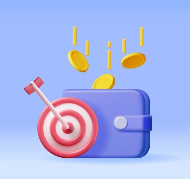 3 Boyutlu Cüzdan Madeni Paralarla ve Hedef Arrow 'la tecrit edildi. Ok ve parayla Dartboard yap. İş ya da Mali Hedef Konsepti. Seyirci hedef alınıyor. Başarı ve Başarı. Vektör İllüstrasyonu