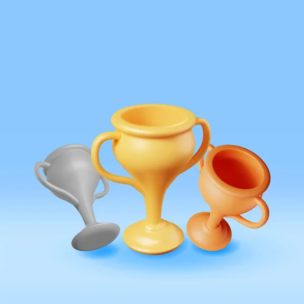 Τρισδιάστατο Χρυσό Ασημένιο Και Χάλκινο Τρόπαιο Εικονίδιο Render Cup Trophy — Διανυσματικό Αρχείο