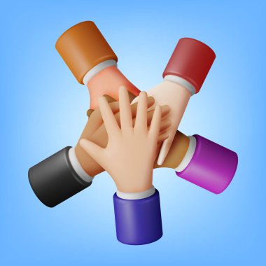 3D İnsanlar Elleriyle Birlik Gösteriyor. Çapraz Eller. Çok Irklı Grup ve İnsani Çeşitlilik. İş, Takım Çalışması, İşbirliği ve Ortaklık. Vektör İllüstrasyonu
