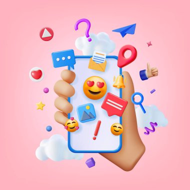 3D Sosyal Medya Kavramı izole edildi. Renkli Sosyal Ağ Simgesi ile Akıllı Telefon Oluştur. Sohbet Balonu, Düğme Gibi, Ünlem Soru İşareti, Tebligat Çanı. Çevrimiçi İletişim. Vektör İllüstrasyonu