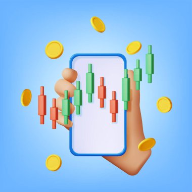 3D Growth Stock Diagram on Mobile Phone. Render Stock Candle on Smartphone Shows Growth or Success. Financial Item, Business Investment, Financial Market Trade. Money and Banking. Vector Illustration