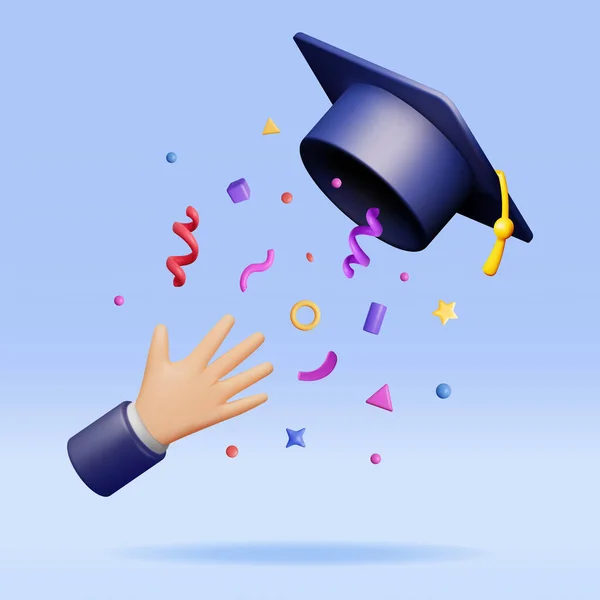 卒業帽子を空中に投げる卒業生の3D手 Confettiの卒業キャップで手をレンダリングします 教育の概念 大学や大学の卒業式 学士会 ベクターイラスト — ストックベクタ