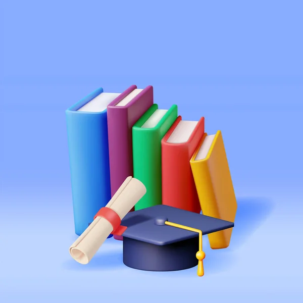 卒業証書と分離された本の山と3D卒業キャップ 卒業帽子と教科書をレンダリングします 教育のシンボル タッセル付きのモーターボードハット 学位授与式の概念 ベクターイラスト — ストックベクタ