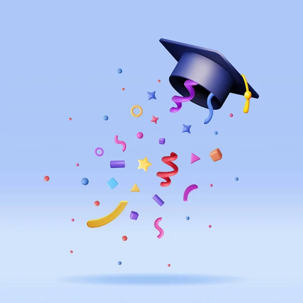 3D与Confetti分离的空气中的毕业帽 Confetti的渲染毕业典礼帽教育的概念 学院或大学毕业典礼 单身派对病媒图解 — 图库矢量图片